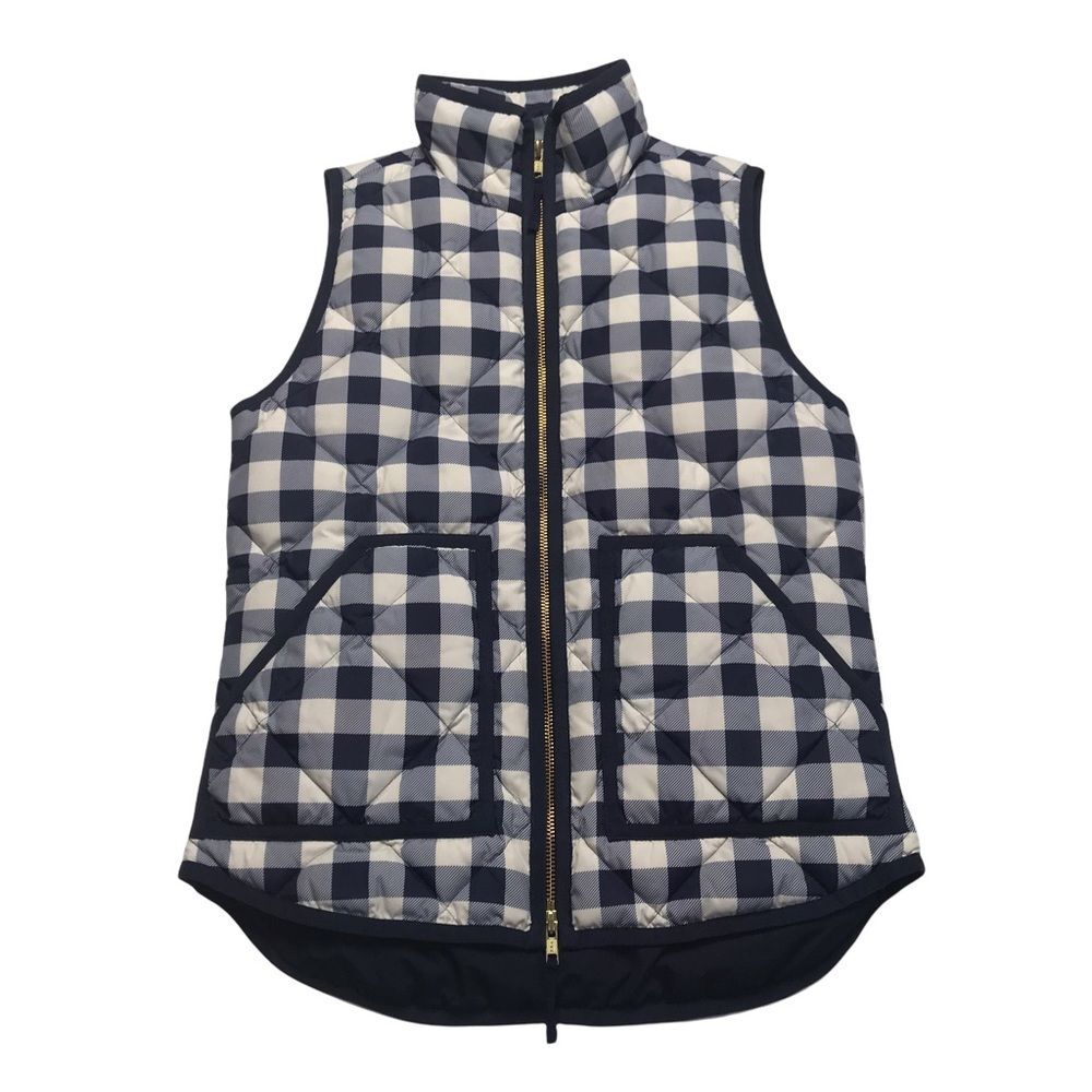 J Crew Buffalo Check Puffer Vest Navy Cream Down Filled Double Zip Womens XXSPre